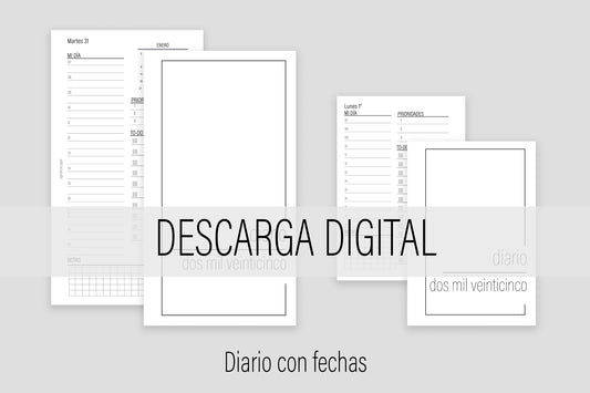 Diario con fechas 2025 / DESCARGA DIGITAL | Agenda de Papel