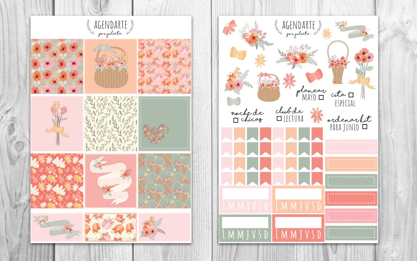 Kit semanal Canastas Florales / Stickers para agenda | Agenda de Papel